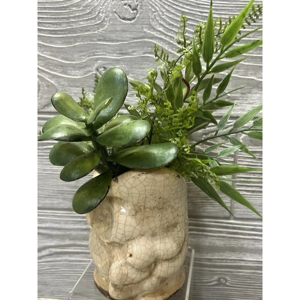 Rustic Crackled Owl Planter with Faux Succulents 9” Primitive Look Decor